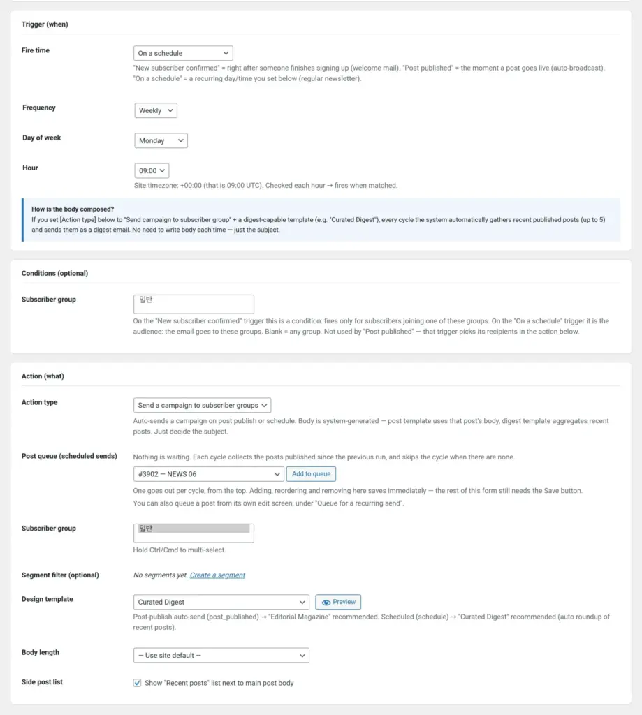 WOR-PRO Newsletter automation editor: weekly day and time, audience and email design