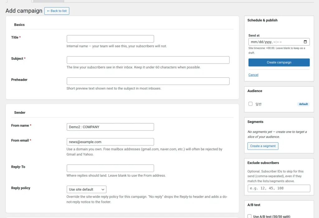 WOR-PRO Newsletter compose screen: subject, sender, scheduling, audience and A/B test
