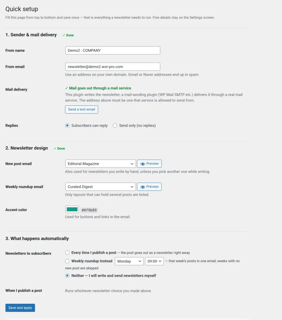WOR-PRO Newsletter quick setup screen: sender, newsletter design and auto-sending on one screen