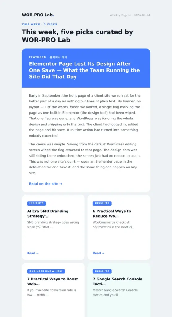 Weekly roundup email built with the WOR-PRO Newsletter Bento Grid design