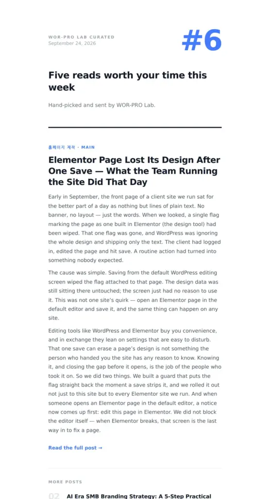 Weekly roundup email built with the WOR-PRO Newsletter Curated Digest design